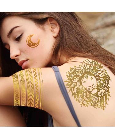 Bilizar 9 Sheets Flash Gold Temporary Tattoos - 110+ Designs Metallic for Women & Adults | Golden Lion, Sun, Moon, Star, Butterfly Glitter Tattoo Sticker | Fake Tattoos for Long-Lasting & Realistic Look - Buy Online on GoSupps.com