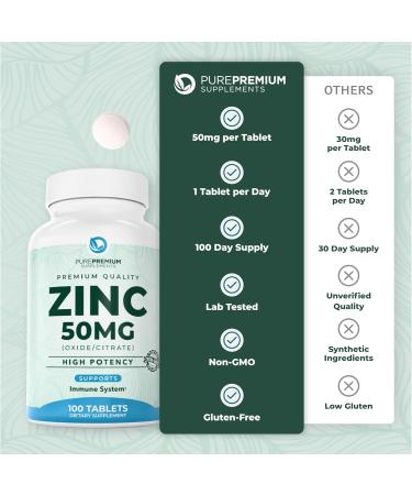 PurePremium Zinc 50mg Supplement - Antioxidant Formula with Zinc Oxide/Citrate - Non-GMO Immune Support for Men & Women - 100 Tablets - Buy Online on GoSupps.com