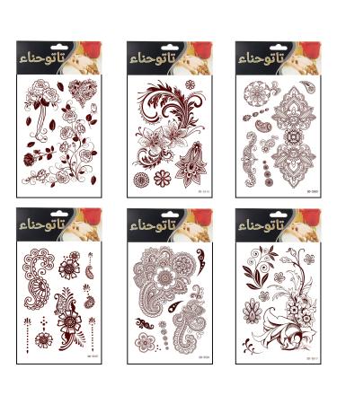 Adecco LLC 6 Sheets Flower Temporary Henna Tattoos, Fashion Flash Women Tattoo, Henna Stickers, Waterproof Red Ink Body Art Stickers 2