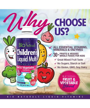 Bio Naturals Children's Liquid Multivitamin & Immune Booster - 16oz - Vitamin A B C D3 E, Fiber, Fruits & Vegetables - Non-GMO, Gluten, Sugar, Dairy, Soy Free - Buy Online on GoSupps.com
