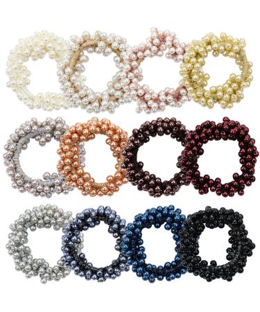 Dizila 12 Pack Stretchy Bling Glitter Sparkly Pearl Hair Ties Scrunchies Beaded Hair Elastics Decorative Thin Thick Hair Ponytail Holders Bracelet Hair Ropes Bands Beautiful Accessories for Women Girl