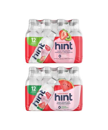 Hint Water Strawberry Kiwi and Hint Water Watermelon (Pack of 24), 12 Bottles Hint Strawberry Kiwi & 12 Bottles Hint watermelon, Zero Calories, Zero Sugar and Zero Diet Sweeteners, 16 Ounce Bottles