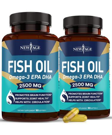 Omega 3 Fish Oil 2500mg Supplement by New Age - 2 Pack  Immune & Heart Support  Promotes Joint, Eye, Brain & Skin Health - Non GMO 180 Softgels - EPA, DHA Fatty Acids Gluten Free