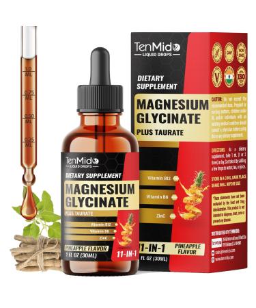 Tenmido 11in1 Magnesium Glycinate Liquid Drops with Taurate Citrate Ashwagandha Bromelain Marshmallow Root L-Theanine Passion Flower and More - 30ml 1 Fl Oz