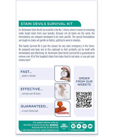 Dr.Beckmann Stain Devils Survival Kit Removes Over 40 Stubborn Stains Fast Acting - Tough Staines Removed In 3 Minutes 1 X Stain Devil - Cooking Oil & Fat Remover 1 X Stain Devil - Tea Red Wine Fruit And Juice Remover 1 X Stain Devil - Ball Point Ink And  - Buy Online on GoSupps.com