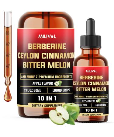 MILIVOL 10in1 Liquid Drops Berberine with Ceylon Cinnamon Bitter Melon Turmeric Ginger Gymnema Sylvestre and More - 2 Fl Oz