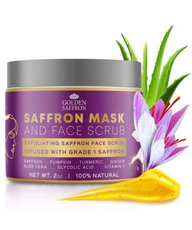Golden Saffron Exfoliating Face Mask & Scrub Brightening and Deep Cleanser Minimizes Pores and Blackheads Reduces Hyperpigmentation All Skin Types Gluten-free 2 OZ