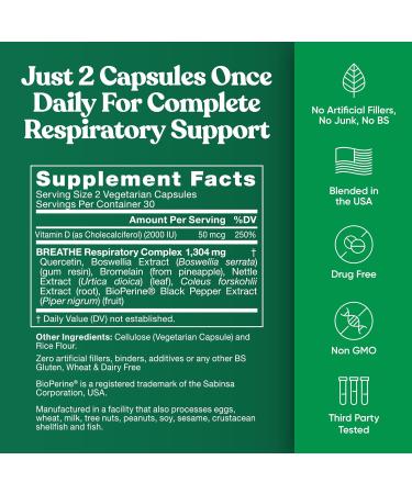 Breathe Inhaler Support Supplement Sinus Lungs Open & Clear Airways Seasonal Nasal Health Bronchial Wellness Healthy Chest Quercetin Vitamin D Bromelain Pills 120 Vegetarian Capsules 60 Count (Pack of 2) - Buy Online on GoSupps.com