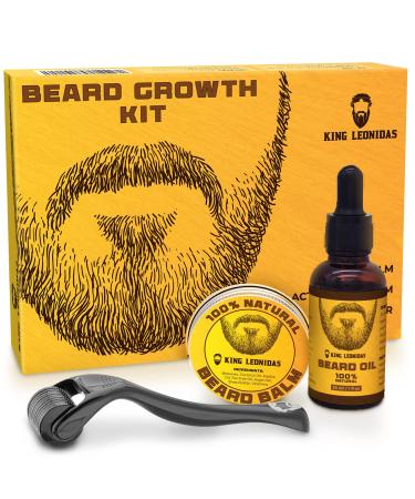 KING LEONIDAS Beard Kit Including Organic Oil  Titanium Derma Roller & Natural Beard Balm - Men's Grooming Kit & Beard Care Kit For Men for Patchy Facial Hair