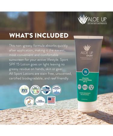 Aloe Up Sport Sunscreen Lotion SPF 15 - Broad Spectrum UVA/UVB Sunscreen Protector for Face and Body - With Hydrating Aloe Vera Gel - Non-Greasy - No White Cast - Reef Safe - Fragrance-Free - 6 Oz 6 Fl Oz (Pack of 1) - Buy Online on GoSupps.com
