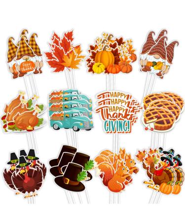 Whaline 72Pcs Thanksgiving Cupcake Topper 12 Designs Turkey Pumpkin Maple Leaf Gnome Cupcake Picks Cartoon Fall Food Picks with Sticks Glue Point for Autumn Thanksgiving Party Supplies Cake Decor