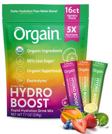 Orgain Organic Hydration Packets  Electrolytes Powder - Variety Pack Hydro Boost with Superfoods  Gluten-Free  Soy Free  Vegan  Non-GMO  Less Sugar  16 Count Variety Pack 16 Count (Pack of 1)