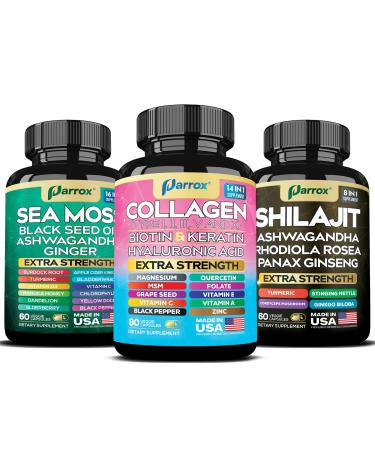 Parrox Collagen & Sea Moss Shilajit Capsules Bundle 30-Day Supply Collagen Peptides I II III V X + Biotin Hyaluronic Acid Sea Moss Shilajit Ashwagandha Rhodiola Ginseng