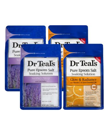 Dr Teal's Salt Bath Variety Gift Set (4 Pack 3lbs Ea.) - Glow & Radiance Vitamin C & Citrus Soothe & Sleep Lavender - Pure Epsom Salt & Essential Oils Nourish Skin & Promote Better Sleep