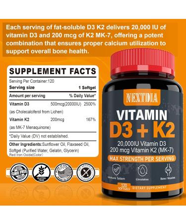 Nextdia Vitamin D3 20 000 IU + Vitamin K2 MK7 200mcg - 120 Count (Pack of 1) - Buy Online on GoSupps.com