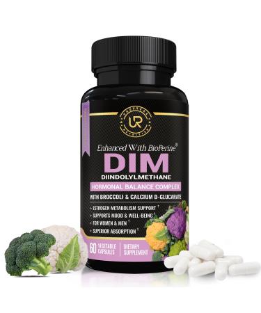DIM Supplement with Broccoli Extract and BioPerine - Natural Hormone Balance Support for Women and Men - Estrogen Balance - Menopause Acne - 60 Vegetarian Capsules with Calcium D-Glucarate