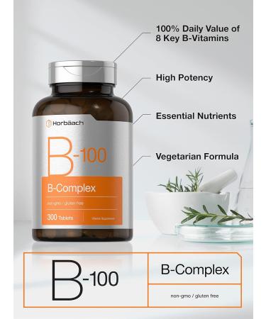 Vitamin B-100 Complex 300 Tablets | Vegetarian Non-GMO Gluten Free Supplement by Horbaach - Buy Online on GoSupps.com