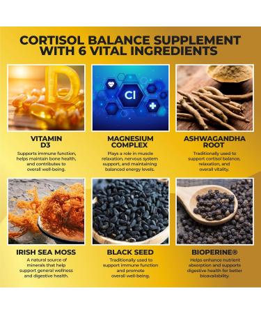 Cortisol Balance and Immune Support Supplement with Ashwagandha Irish Sea Moss Black Seed Vitamin D and Magnesium Complex | Mood Enhancer | Immunity Booster | Stress Relief Pills | 90 Capsules - Buy Online on GoSupps.com