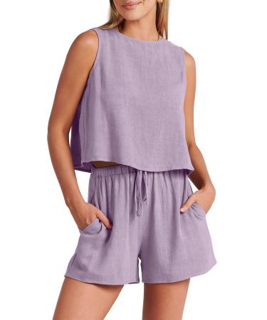 ANRABESS Womens Summer 2 Piece Outfits Shorts Sets Sleeveless Crop Top Tank and High Waisted Shorts Romper Pockets Purple Large