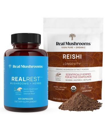 Real Mushrooms RealRest (60ct) Capsules and Reishi Mushroom Powder (45 Servings) Bundle - Mushroom Supplement for Longevity Daily Immune Support Improved Sleep and Relaxation - Vegan Non-GMO