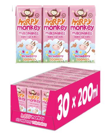Happy Monkey Milkshakes (Strawberry 30 x 200ml) All the Goodness of Milk No Artificial Colours or Flavours School Approved Naturally Rich in Calcium Ready to Drink. Strawberry Milkshake 30x200ml