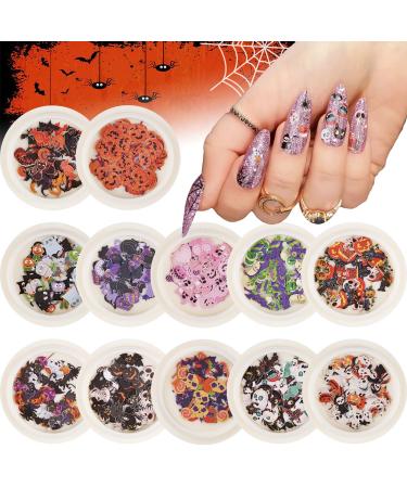 Kalolary 12 Boxes 3D Halloween Nail Art Sequin Stickers Holographic Halloween Witch Pumpkin Bat Sequins for Acrylic Nails DIY Manicure Sequin for Nail Art Decoration