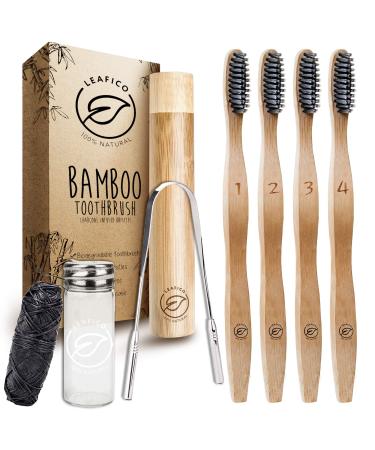 LEAFICO Bamboo Toothbrush with Travel Case - Dental Floss - Tongue Scraper - Premium Eco-Friendly Toothbrushes - Charcoal Infused Soft Bristles for Natural Whitening - BPA Free - Vegan Zero Waste Gift 7 Piece Set