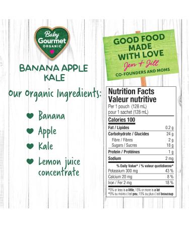 Baby Gourmet Organic Puree Baby Food Pouches - Banana Apple Kale - No Added Sugar Or Salt Non GMO No Fillers Gluten Free Kosher - (128ml) 12 Pack - Buy Online on GoSupps.com