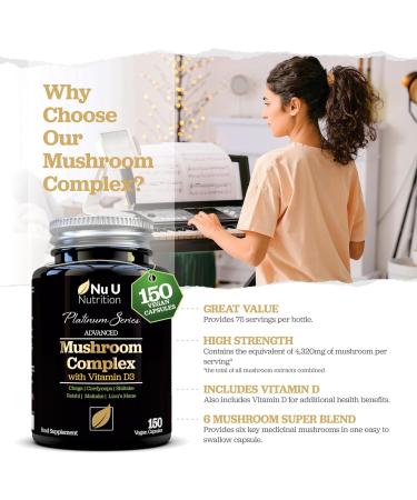Mushroom Complex with Lions Mane 320mg - 150 Vegan Capsules | High Strength 6 Types of Mushrooms - Chaga, Cordyceps, Shiitake, Reishi, Maitake & Lion's Mane with Vitamin D | Lion's Mane Supplement - Buy Online on GoSupps.com