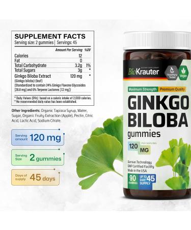 BIO KRAUTER Ginkgo Biloba Gummies - 90 Vegan Chews - Ginkgo Biloba Supplements for Brain Support - 120 mg Standardized Extract - Pectin-Based Formula - Buy Online on GoSupps.com