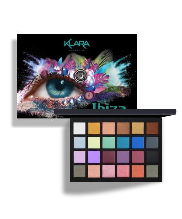 Klara Cosmetics 24 Shade Eyeshadow Palette Ibiza glamorous shimmers bold mattes strong pastel tones long lasting full pigment