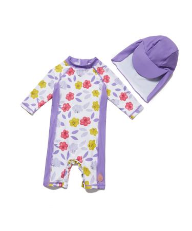 Bonverano Baby Girls Swimsuit/Sunsuit UPF 50+ UV Protection One Pieces with Sun Cap (Purple Flowers 3-6Months) 3 Months Purple Flowers - Buy Online on GoSupps.com