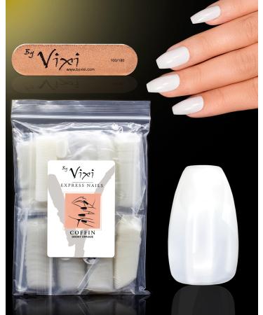 By Vixi 500 SHORT COFFIN/BALLERINA NAIL SET with PREP FILE 10 Sizes Opaque Express Full Cover False Fingernail Extensions for Salon Professionals & Home Use Coffin Short