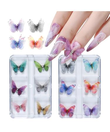 12pcs Butterfly Gauze Nails 3d Butterfly Nail Charms Glitter Clear Butterfly Nail Designs Colorful Butterfly Gauze for Nail Art Decoration & Diy Crafting