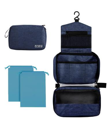 Cooja Wash Bag Hanging Toiletry Bag Men Women Travel Washbag with Hook & Handle 1 Toilet Bag + 2 Drawstring Bag Dark Blue