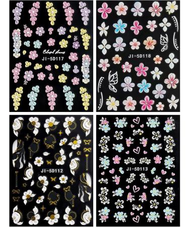 JMEOWIO 3D Embossed Flower Nail Art Stickers Decals Self-Adhesive 5D Spring Summer Floral Butterfly Pink White Nail Supplies Nail Art Design Decoration Accessories 4 Sheets - Buy Online on GoSupps.com