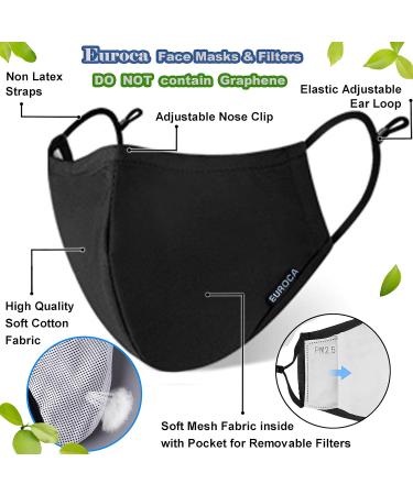 Euroca - Cloth Face Mask 3 Layers Cotton Face Masks Face Masks Reusable & Washable Face Mask With Filter Sheets (PM2.5) 3 Pack Woman Black Upgraded - Buy Online on GoSupps.com