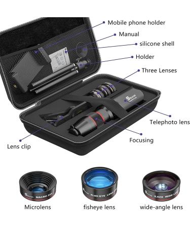 Selvim Phone Camera Lens Kit 4 in 1 - 22X Telephoto, 235 Fisheye, 0.62X Wide Angle, 25X Macro Lens - Compatible with iPhone, Samsung, Android - Buy Online on GoSupps.com