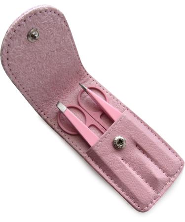 Stainless Steel Eyebrow Tweezers Set with Pointed and Slanted Tips + Curved Brow Scissors Pink Travel Case Included - Buy Online on GoSupps.com
