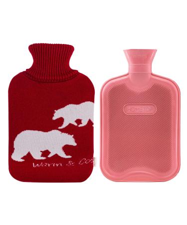HomeTop Premium 2 Liter Classic Rubber Hot Water Bottle w/Elegant Polar Bear Knit Cover (2L, Wine/Light Red) Wine/Red 67.63 Fl Oz (Pack of 1)