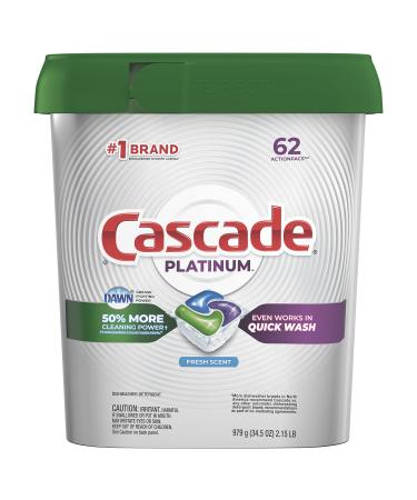 Cascade Platinum Dishwasher Pods, Actionpacs Dishwasher Detergent with Dishwasher Cleaner Action, Fresh Scent, 62 Count