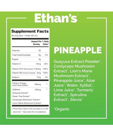 Ethan's Organic Clean Energy Shots Pineapple Sugar Free Natural Pre-Workout Focus Boost Gluten Free Vegan B6 & B12 Vitamin C with Green Tea Extract and Guayusa (6 Pack of 2oz Shots) Pineapple 2 Fl Oz (Pack of 6) - Buy Online on GoSupps.com