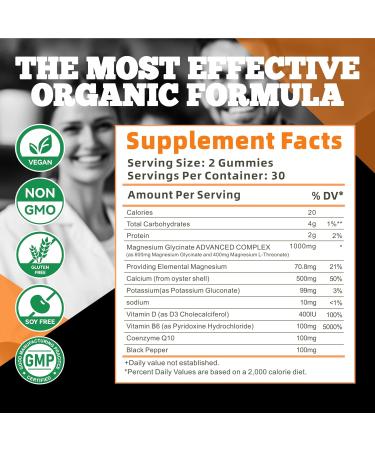 Magnesium Glycinate Gummies 1000mg - Sugar Free Magnesium Potassium Supplement with Vitamin D B6 CoQ10 for Calm Mood & Sleep Support - 60 Orange Gummies Orange 60 Count (Pack of 1) - Buy Online on GoSupps.com