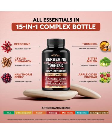 Berberine with Ceylon Cinnamon | Bitter Melon (Karela) | Apple Cider Vinegar | Hawthorn Berry | Citrus Bergamot | Turmeric - 15-in-1 Supplement for Heart Support Metabolism & Energy - 60 Capsules - Buy Online on GoSupps.com