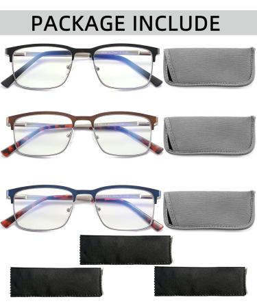 3 Pack Fashion Metal Full Frame Reading Glasses for Men - +2.75 Strength Anti-Glare UV Protection - Comfortable Spring Hinges - Black Brown & Blue - Buy Online on GoSupps.com