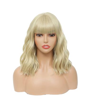 MOOICHIC 14 Inch Blonde Bob Wig with Bangs | Short Wavy Synthetic Wig for Women - Buy Online on GoSupps.com