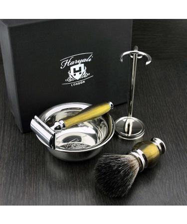 Premium HARYALI LONDON Men's Shaving Set - Simulated Horn & Nickel | Safety Razor & Synthetic Brush | Perfect for Grooming - Buy Online on GoSupps.com