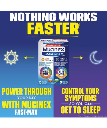 Mucinex Fast-Max Maximum Strength Cold & Flu Medicine - 24 Liquid Gels (Day & Night Relief) - Buy Online on GoSupps.com