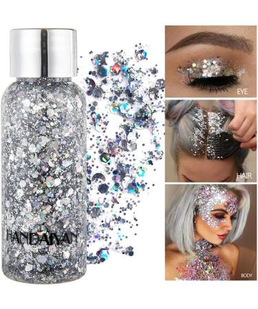HUANTAITAI Silver Glitter Mermaid Sequins Chunky Liquid Eyeshadow & Body Gel - Festival Cosmetic for Face, Hair, Nails - Long Lasting Sparkle - Buy Online on GoSupps.com