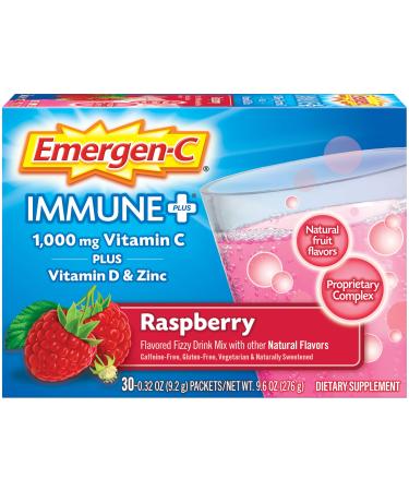 Emergen-C Immune+ 1000mg Vitamin C Powder, with Vitamin D, Zinc, Antioxidants and Electrolytes for Immunity, Immune Support Dietary Supplement, Raspberry Flavor - 30 Count/1 Month Supply